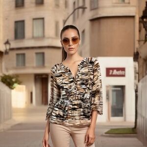 Calvin Klein Women's Peplum Tunic Blouse M Black Brown Watercolor Print EXC